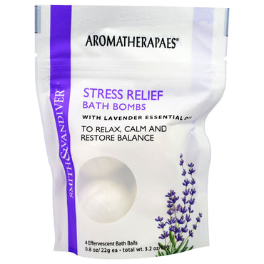 Smith & Vandiver, Stress Relief Badebomber med Lavendel Essential, 4 brusende badebolde, 0,8 oz (22 g) hver