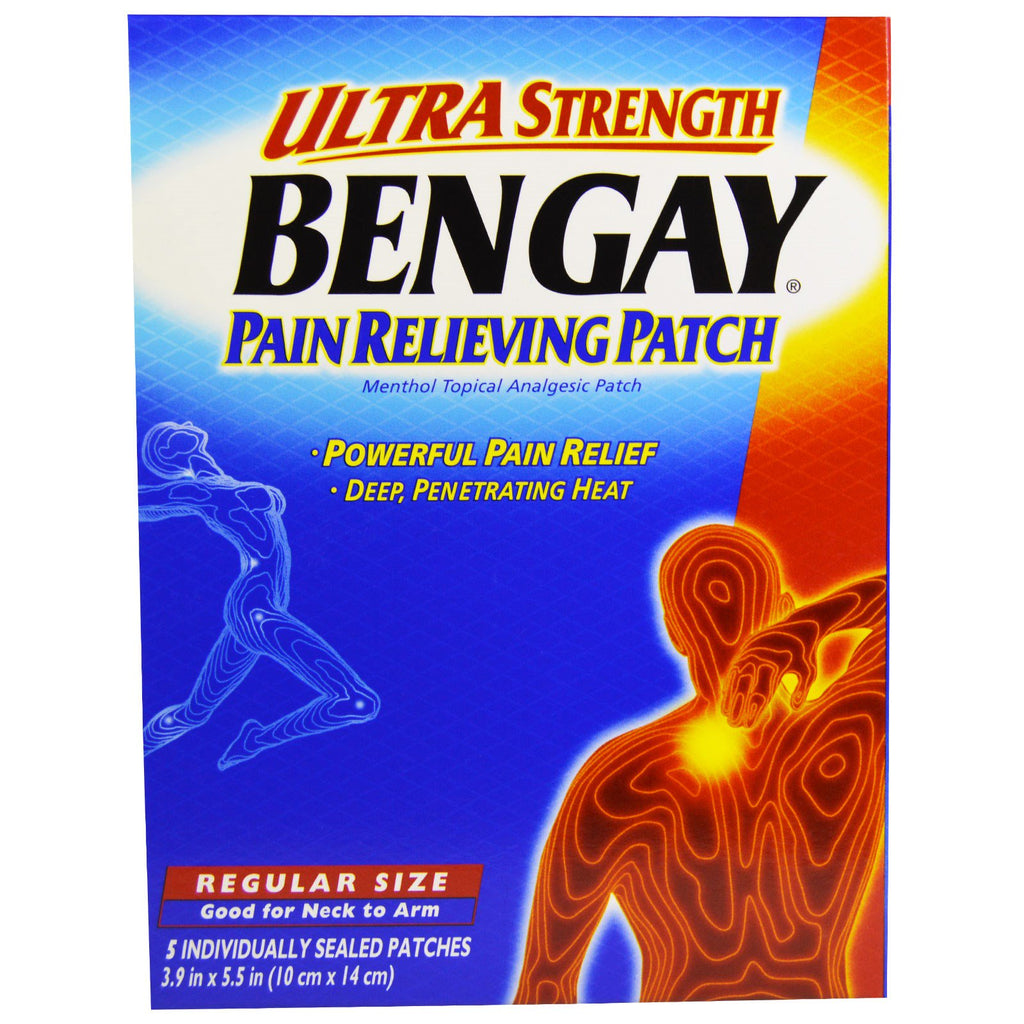Bengay, plasture ultra-rezistent pentru ameliorarea durerii, dimensiune obișnuită, 5 plasturi, 3,9 in x 5,5 in (10 cm x 14 cm)