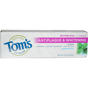 Tom's of Maine, Anti-plaque & Whitening, משחת שיניים ללא פלואוריד, מנטה, 5.5 אונקיות (155.9 גרם)