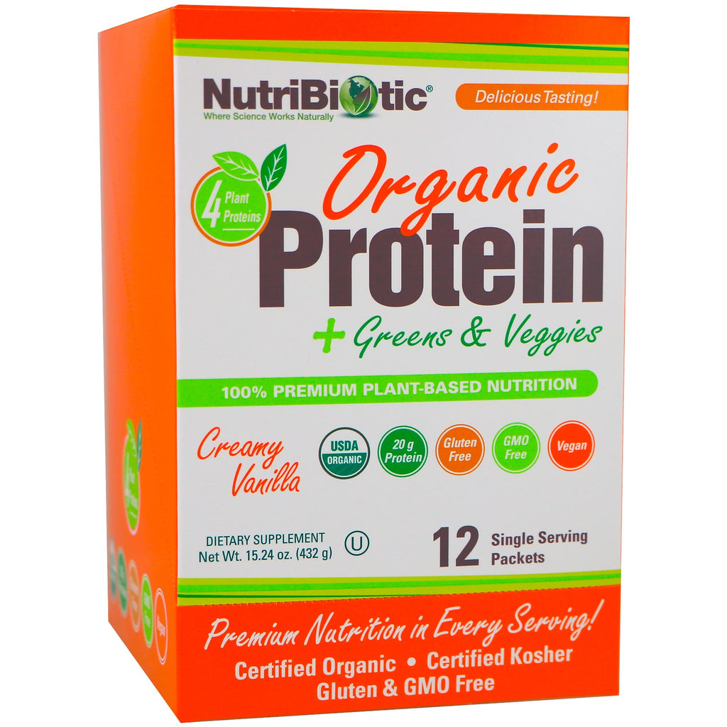 NutriBiotic, Proteína + verduras y verduras, vainilla cremosa, 12 paquetes de porciones individuales, 1,26 oz (36 g) cada uno