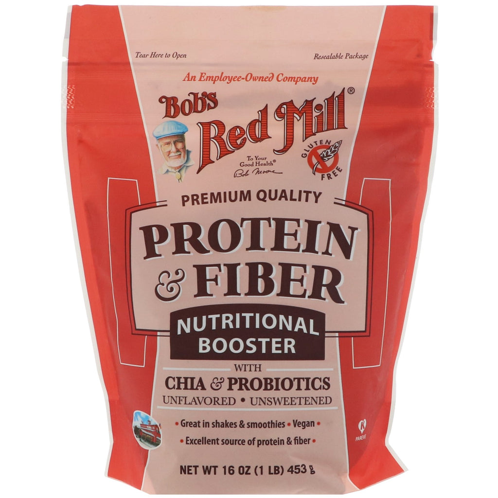 Bob's Red Mill, โปรตีนและไฟเบอร์, อาหารเสริมโภชนาการพร้อม Chia และโปรไบโอติก, ไม่ปรุงแต่ง, 16 ออนซ์ (453 g)