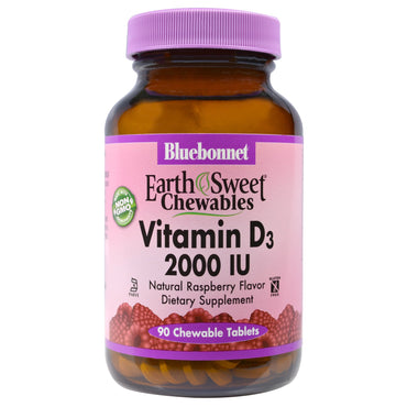 Bluebonnet nutrition, earthsweet masticabile, vitamina d3, aromă naturală de zmeură, 2.000 ui, 90 comprimate masticabile
