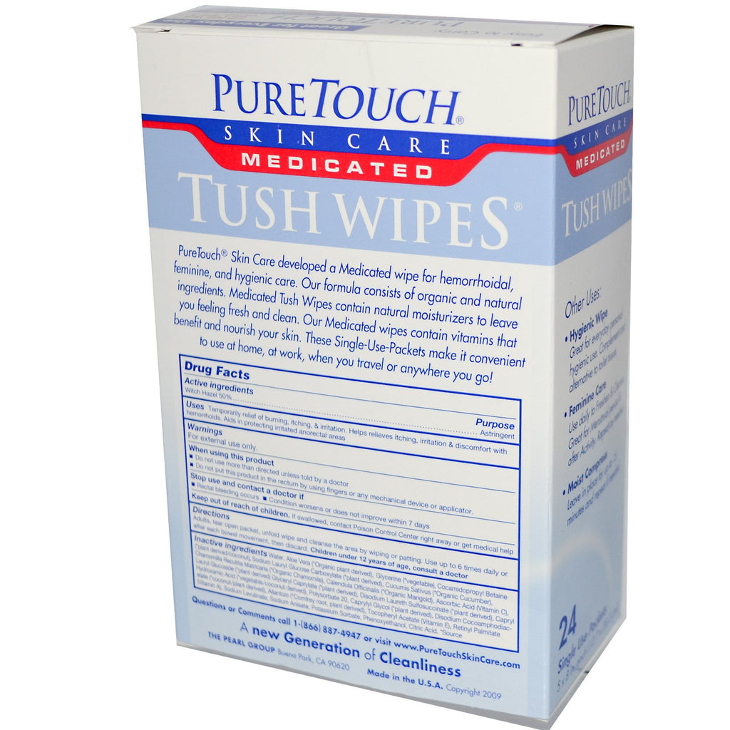PureTouch Skin Care, Medicated Tush Wipes, 24 Single Use Packets, 5 in x 8 in Each