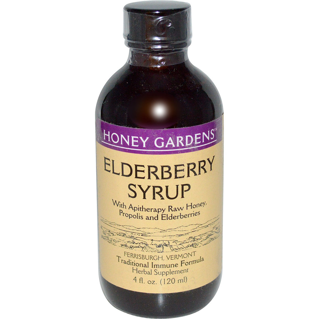 Honey Gardens, น้ำเชื่อม Elderberry พร้อม Apitherapy น้ำผึ้งดิบ, โพลิสและ Elderberries, 4 ออนซ์ (120 มล.)