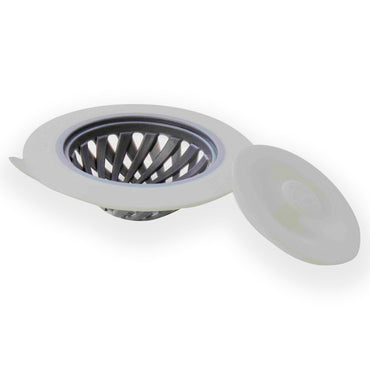 Full Circle, Sinksational, colador de fregadero con tapón desplegable, gris y blanco, 1 colador y 1 tapón