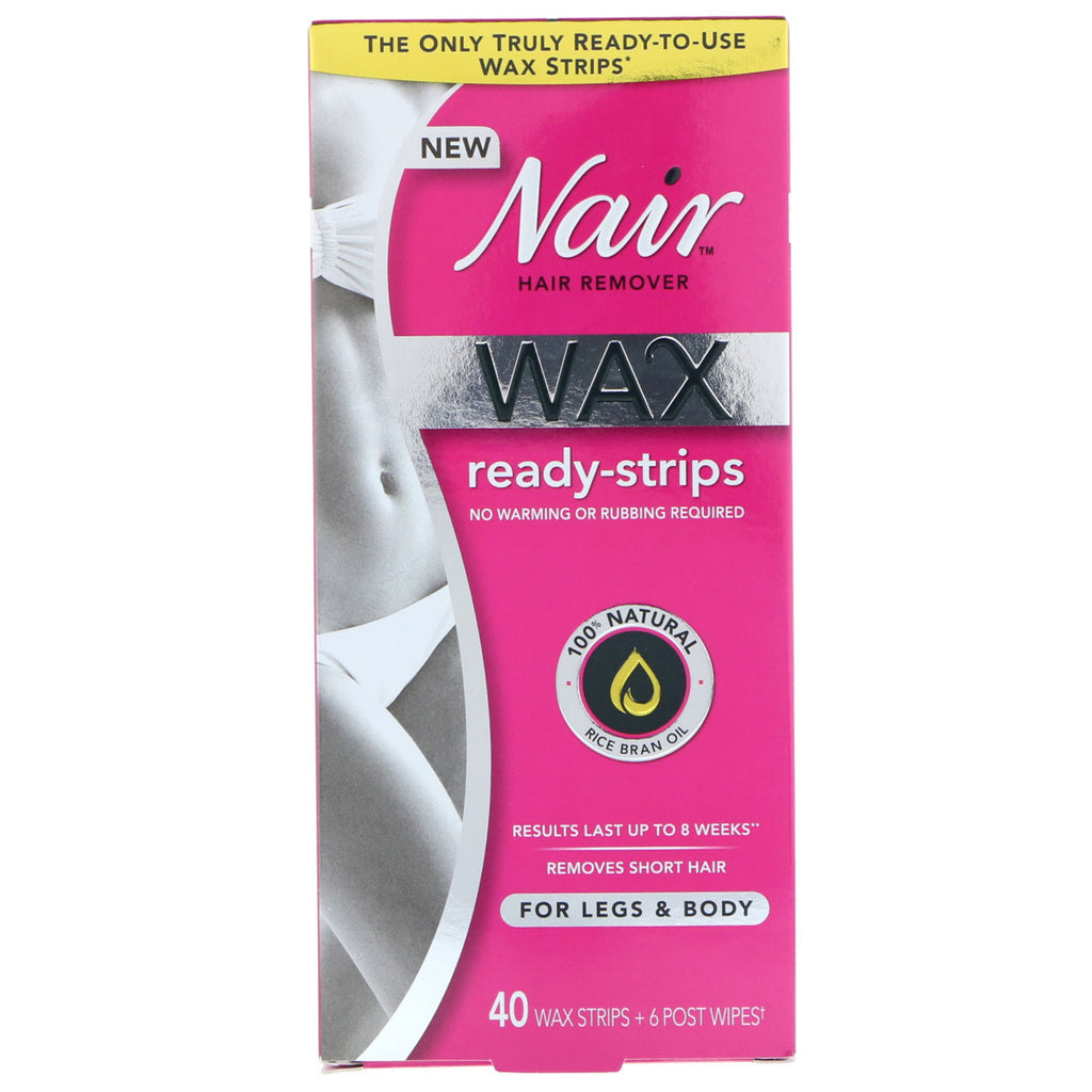 Nair, haarverwijderaar, wax-ready-strips, voor benen en lichaam, 40 waxstrips + 6 postdoekjes