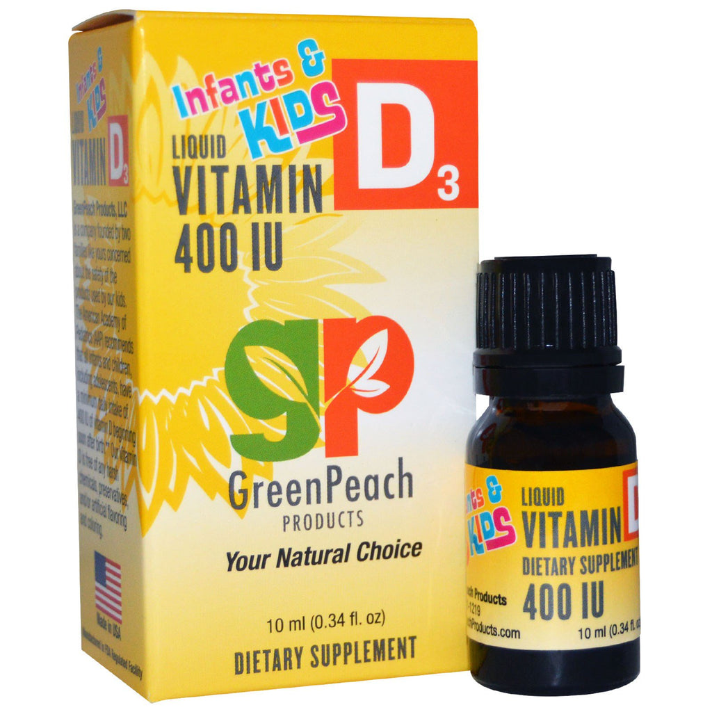 GreenPeach, spädbarn och barn, flytande vitamin D3, 400 IE, 0,34 fl oz (10 ml)