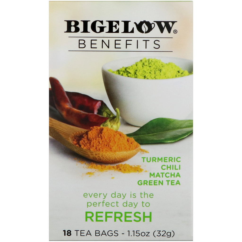 Bigelow, فوائد، منعش، شاي ماتشا الأخضر بالكركم والفلفل الحار، 18 كيس شاي، 1.15 أونصة (32 جم)