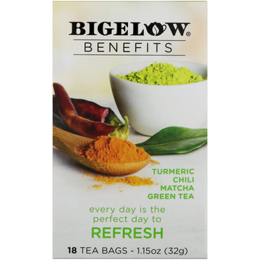 Bigelow, Beneficios, Refrescante, Té verde matcha con chile y cúrcuma, 18 bolsitas de té, 32 g (1,15 oz)