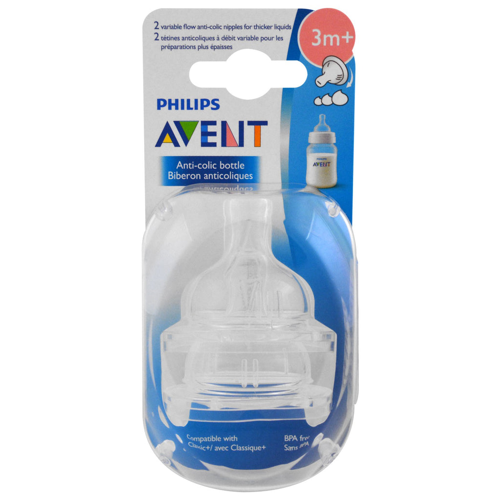 Philips Avent, Variable Flow Anti-Colic Nipples, 3 + Months, 2 Pack