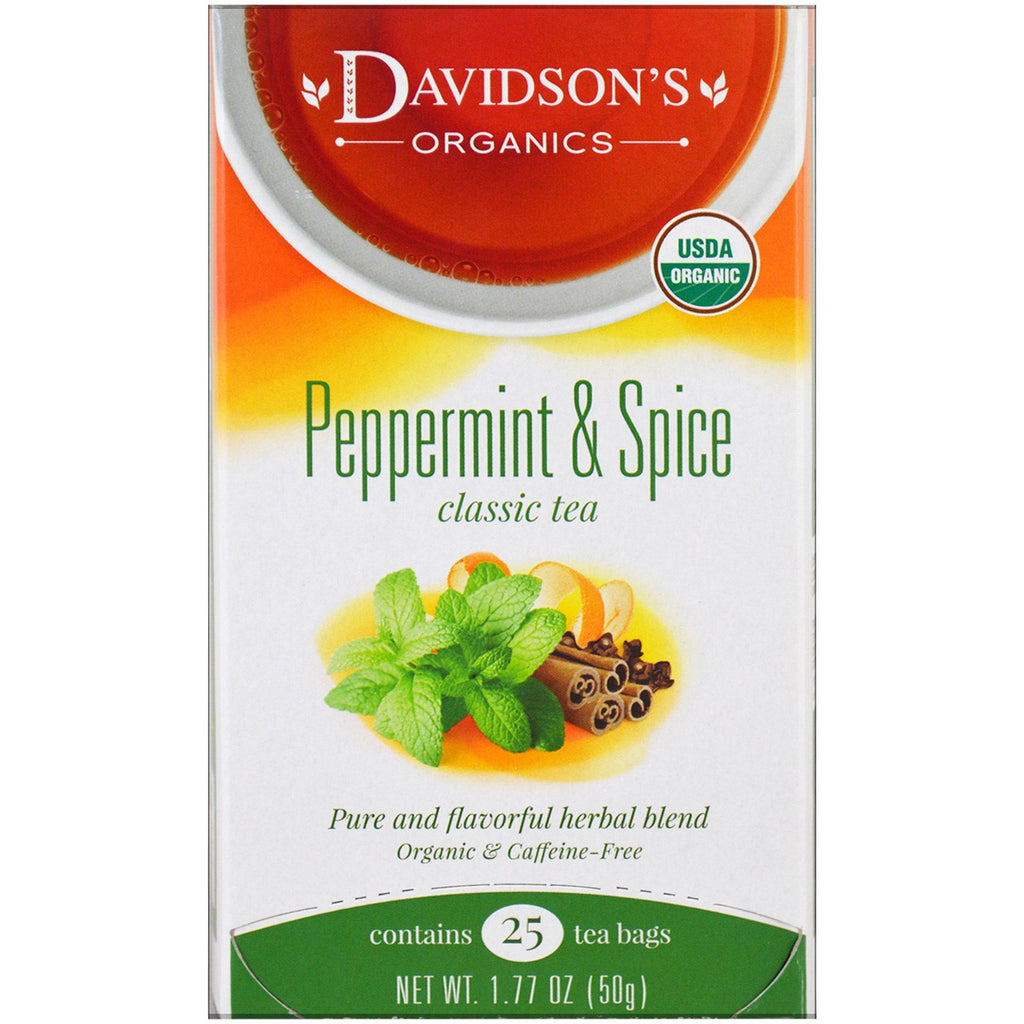 Davidson's Tea, , Peppermint & Spice, Classic Tea, Caffeine-Free , 25 Tea Bags, 1.77 oz (50 g)