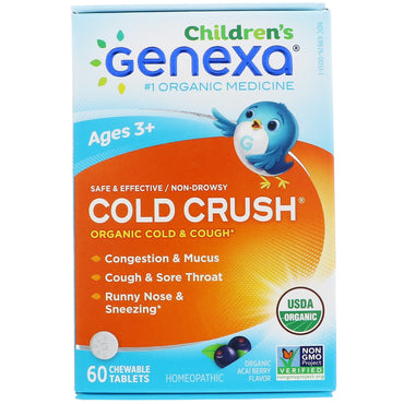 Genexa, Cold Crush pour enfants, 3 ans et plus, Rhume et toux, saveur baie d'açaï, 60 comprimés à croquer