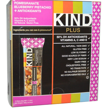 KIND Bars, Plus Bars, granada, arándano, pistacho + antioxidantes, 12 barras, 1,4 oz (40 g) cada una