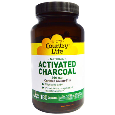 Country Life, Charbon actif, 260 mg, 180 gélules