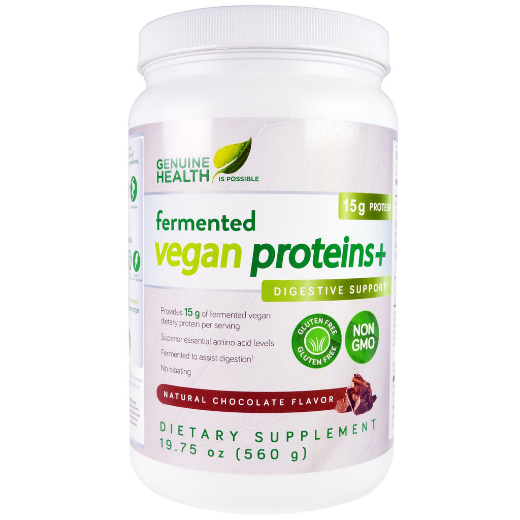 Genuine Health Corporation, Proteínas veganas fermentadas, apoyo digestivo, sabor a chocolate natural, 19,75 oz (560 g)