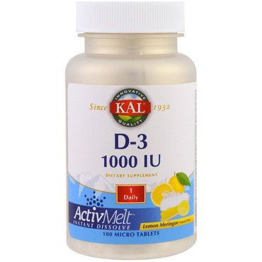 KAL, D-3, Merengue de limón, 1000 UI, 100 microcomprimidos