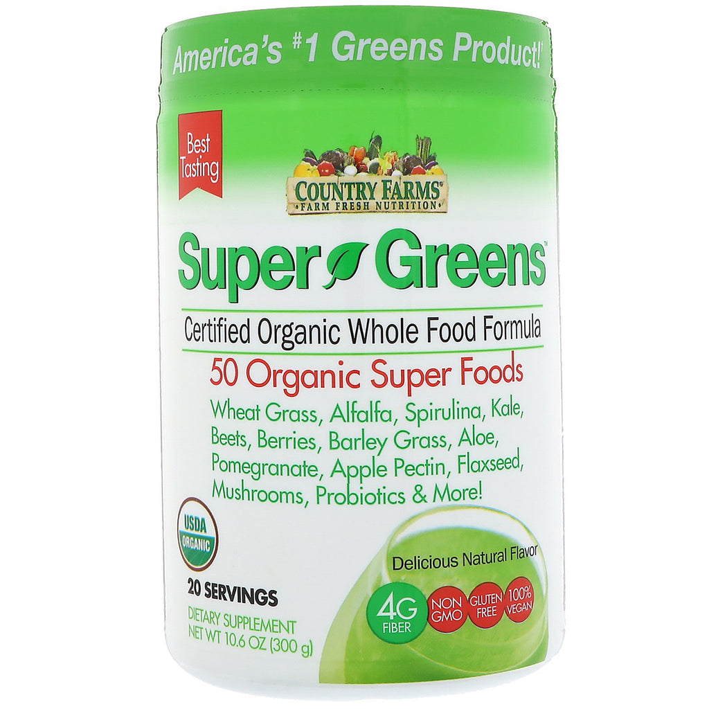 Country Farms, Super Greens, Formule d'aliments entiers certifiés, Délicieuse saveur naturelle, 10,6 oz (300 g)