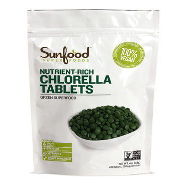 Sunfood, comprimate de Chlorella cu perete celular spart, 250 mg, 456 tablete, 4 oz (113 g)