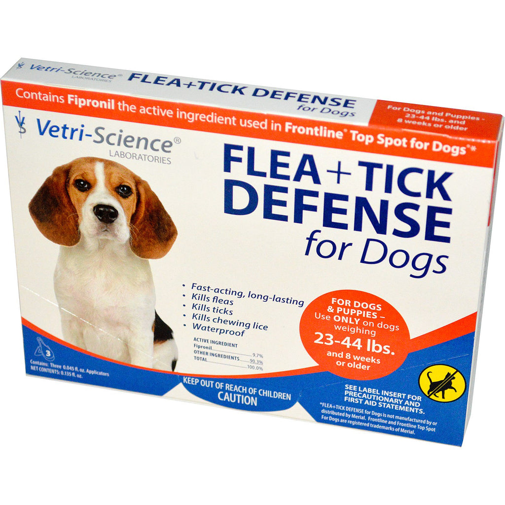 Vetri-Science, Flea + Tick Defense för hundar 23-44 lbs., 3 applikatorer, 0,045 fl oz vardera