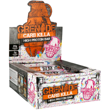 Grenade Carb Killa Bars Gâteau d'anniversaire 12 barres 2,12 oz (60 g) chacune