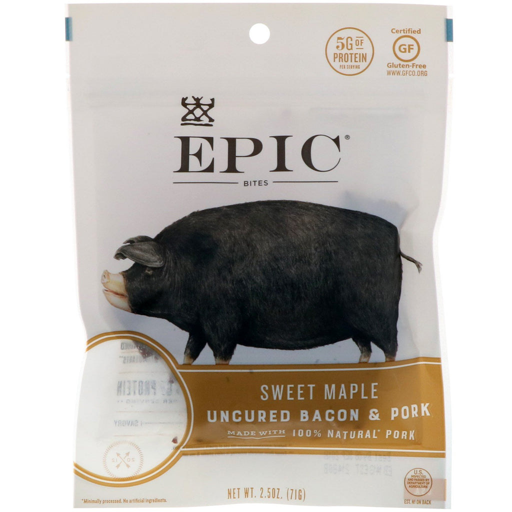 Epic Bar, bites, otorkat bacon och fläsk, söt lönn, 2,5 oz (71 g)