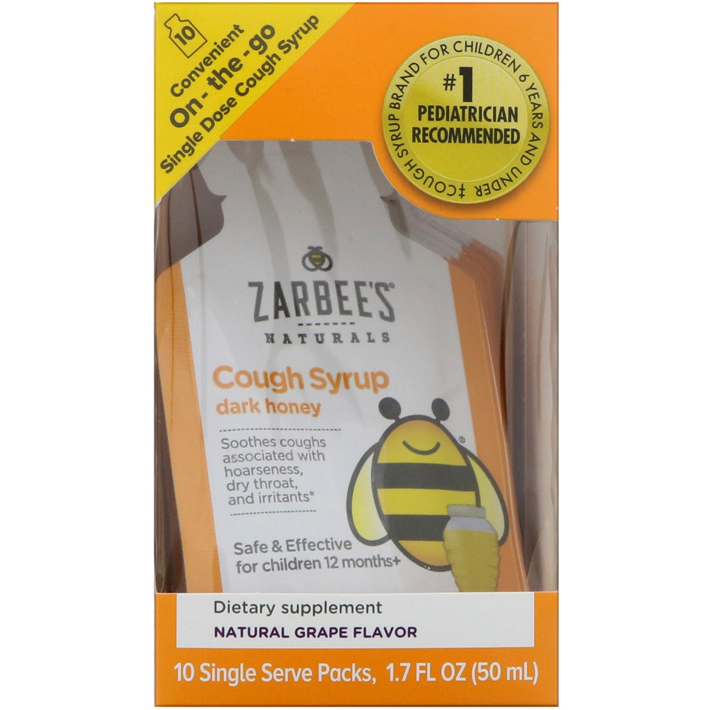 น้ำเชื่อมสำหรับเด็ก Zarbee's พร้อมน้ำผึ้งเข้มรสองุ่นธรรมชาติแบบพกพา 10 แพ็คเสิร์ฟเดี่ยว 0.2 ออนซ์ (5 มล.) ต่อชิ้น