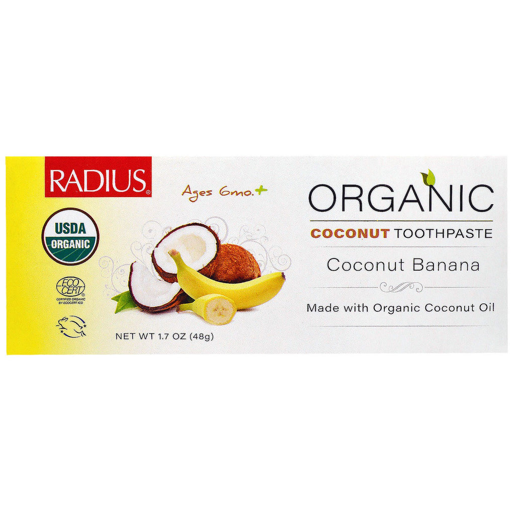 RADIUS, ยาสีฟันมะพร้าวสำหรับเด็ก USDA, กล้วยมะพร้าว, 6 เดือน +, 1.7 ออนซ์ (48 ก.)