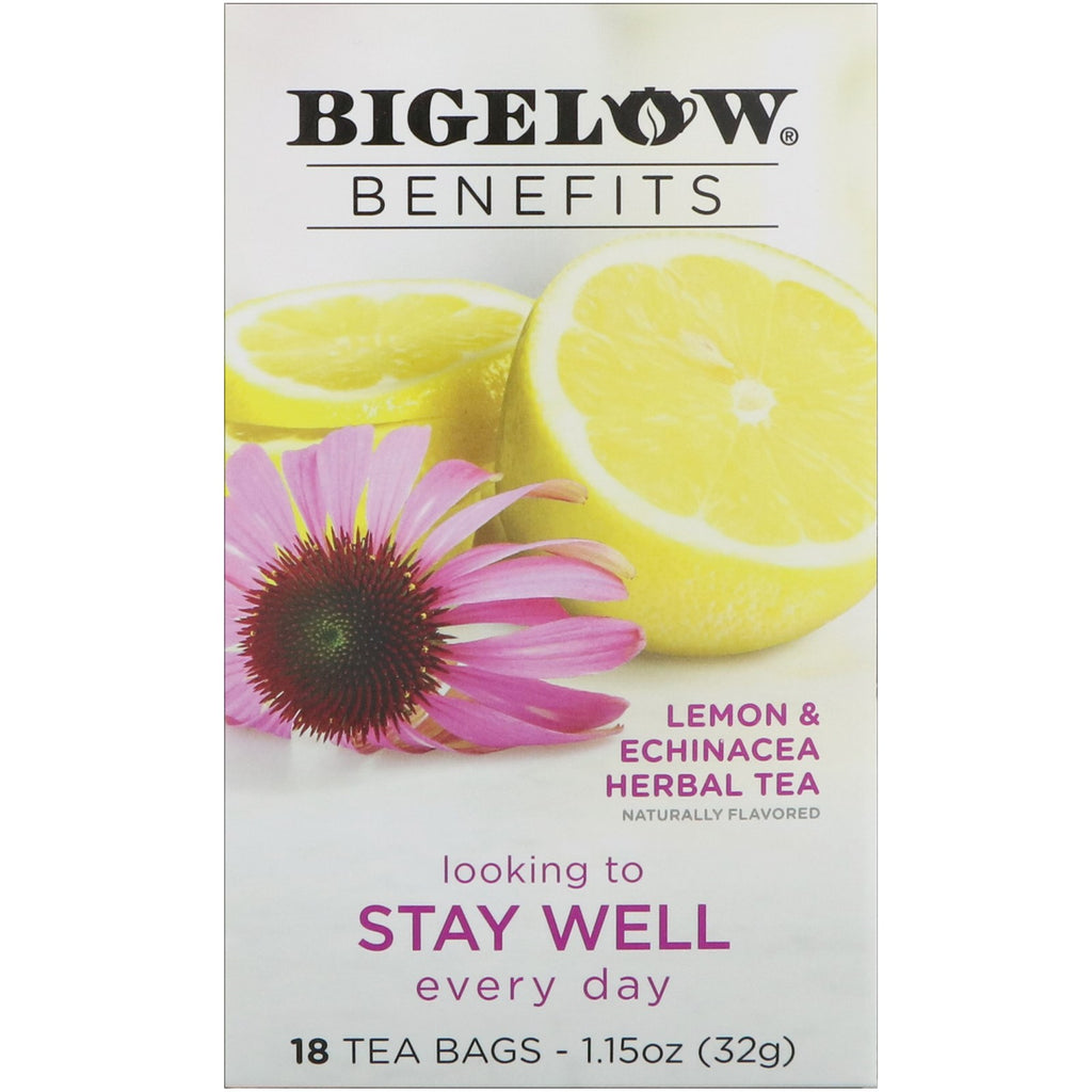 Bigelow, Benefits、Stay Well、レモン & エキナセア ハーブティー、ティーバッグ 18 個、1.15 オンス (32 g)