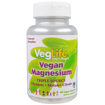 VegLife, magnésium végétalien, triple source, 90 gélules végétaliennes