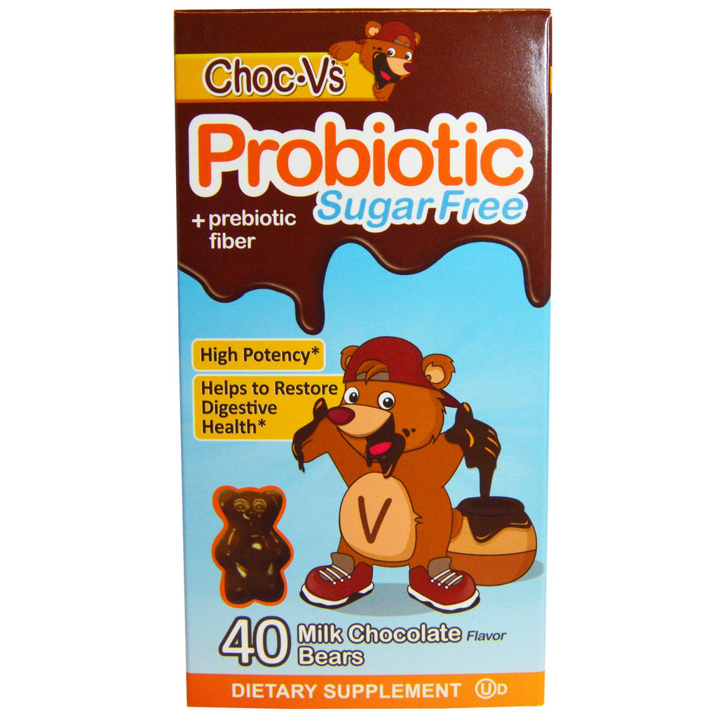 Yum-V's, Probiotiques + Fibres prébiotiques, Chocolat au lait sans sucre, 40 oursons