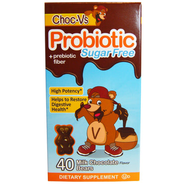 Yum-V's, Probiótico + fibra prebiótica, chocolate con leche sin azúcar, 40 ositos