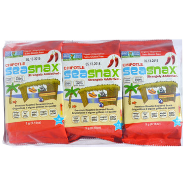 SeaSnax, Grab & Go, Premium Roasted Seaweed Snack, Spicy Chipotle, 6 Pack, 0.18 oz (5 g) Each