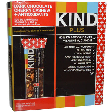 KIND barer, Kind Plus, mørk sjokolade kirsebær cashew + antioksidanter, 12 barer, 1,4 oz (40 g) hver