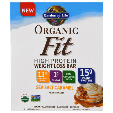 Garden of Life, Barra para bajar de peso con alto contenido proteico Fit, caramelo con sal marina, 12 barras, 55 g (1,9 oz) cada una