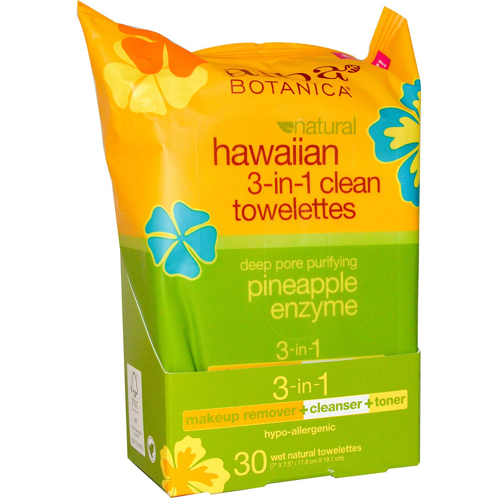 Alba Botanica, Asciugamani puliti 3 in 1 hawaiani naturali, Enzima di ananas, 30 asciugamani umidificati