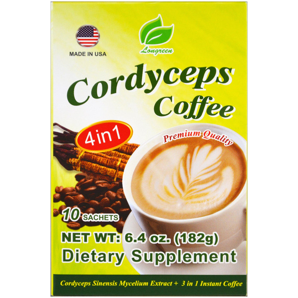 Longreen Corporation, 4-in-1-Cordyceps-Kaffee, 10 Beutel, 6,4 oz (182 g)