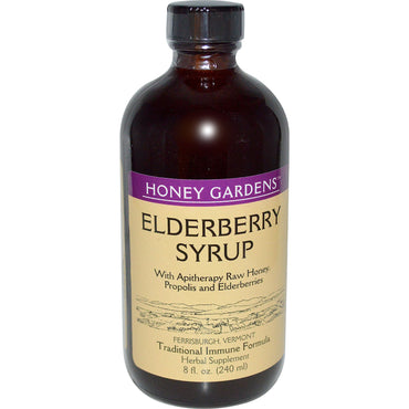 Honey Gardens, Elderyberry Syrup with Apitherapy Raw Honey, Propolis and Elderberries, 8 fl oz (240 ml)