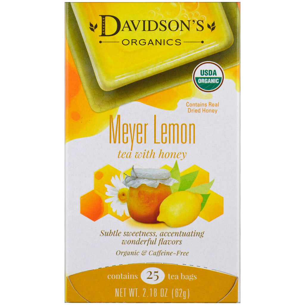 Davidson's Tea, , Meyer Lemon Tea with Honey, ปราศจากคาเฟอีน , 25 ถุงชา, 2.18 ออนซ์ (62 กรัม)