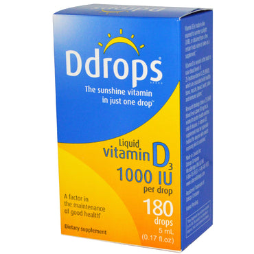 Ddrops、液体ビタミン D3、1000 IU、0.17 fl oz (5 ml)