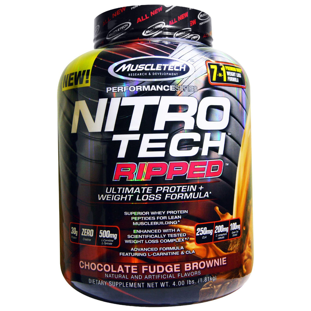 Muscletech, Nitro Tech, Ripped, fórmula definitiva para pérdida de peso y proteína, brownie de chocolate y dulce de azúcar, 4,00 lb (1,81 kg)
