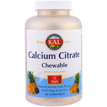 KAL, citrate de calcium à croquer, arôme naturel de fruits mélangés, 60 comprimés à croquer