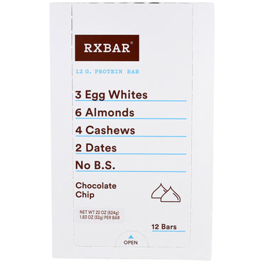 RXBAR, barras de proteína, chispas de chocolate, 12 barras, 1,83 oz (52 g) cada una