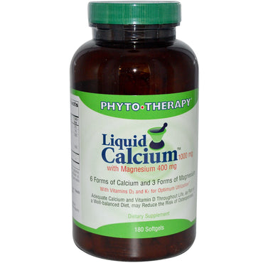 Phyto Therapy Inc., calcio líquido, con magnesio, 1000 mg/400 mg, 180 cápsulas blandas