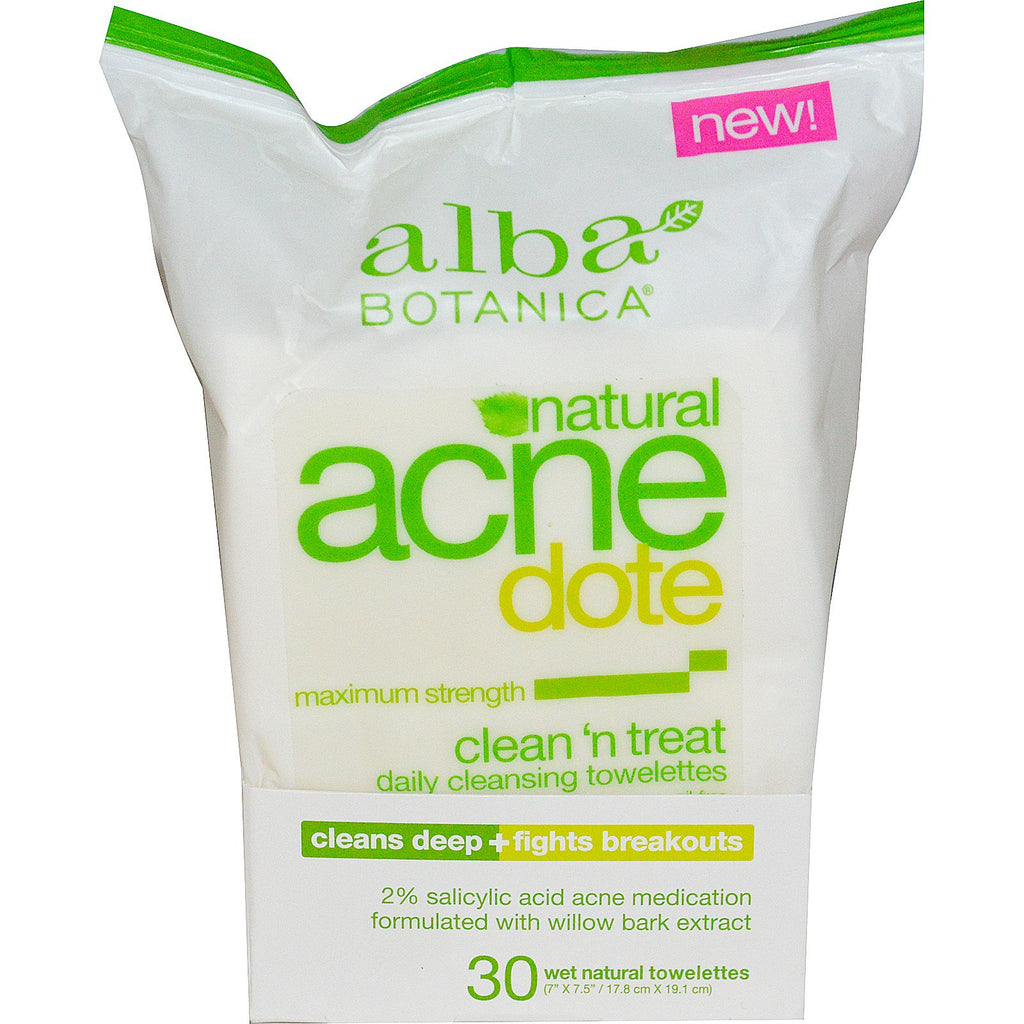 Alba botanica, acne dote, toallitas limpiadoras diarias, sin aceite, 30 toallitas húmedas