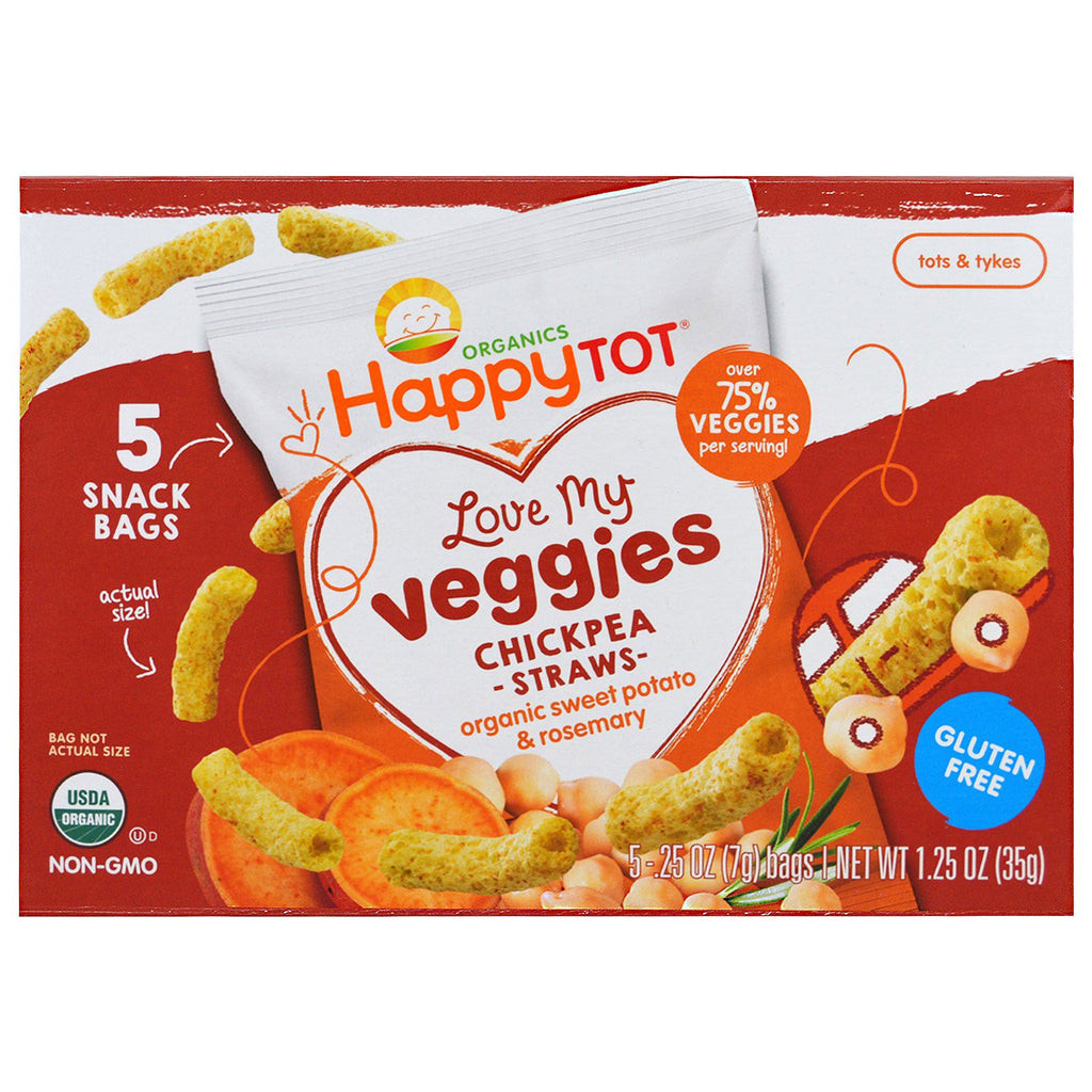 Nurture Inc. (Happy Baby) s Happy Tot Love My Veggies Buste per snack con cannucce di ceci Patate dolci e rosmarino 5 buste da 7 g (0,25 oz) ciascuna
