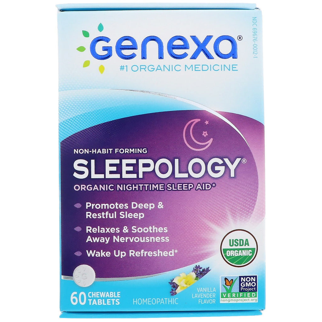Genexa sleepology เครื่องช่วยการนอนหลับตอนกลางคืน รสวานิลลาลาเวนเดอร์ 60 เม็ดเคี้ยว