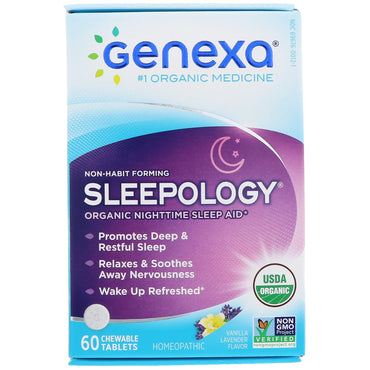 Genexa, علم النوم، مساعد على النوم أثناء الليل، نكهة الفانيليا واللافندر، 60 قرصًا قابلاً للمضغ