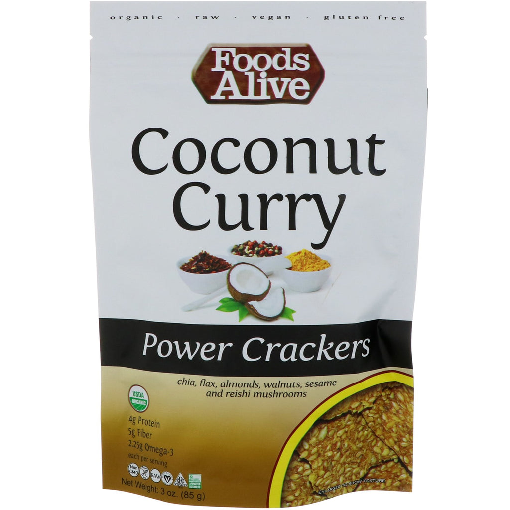 Levende fødevarer, Power Crackers, Coconut Curry, 3 oz (85 g)