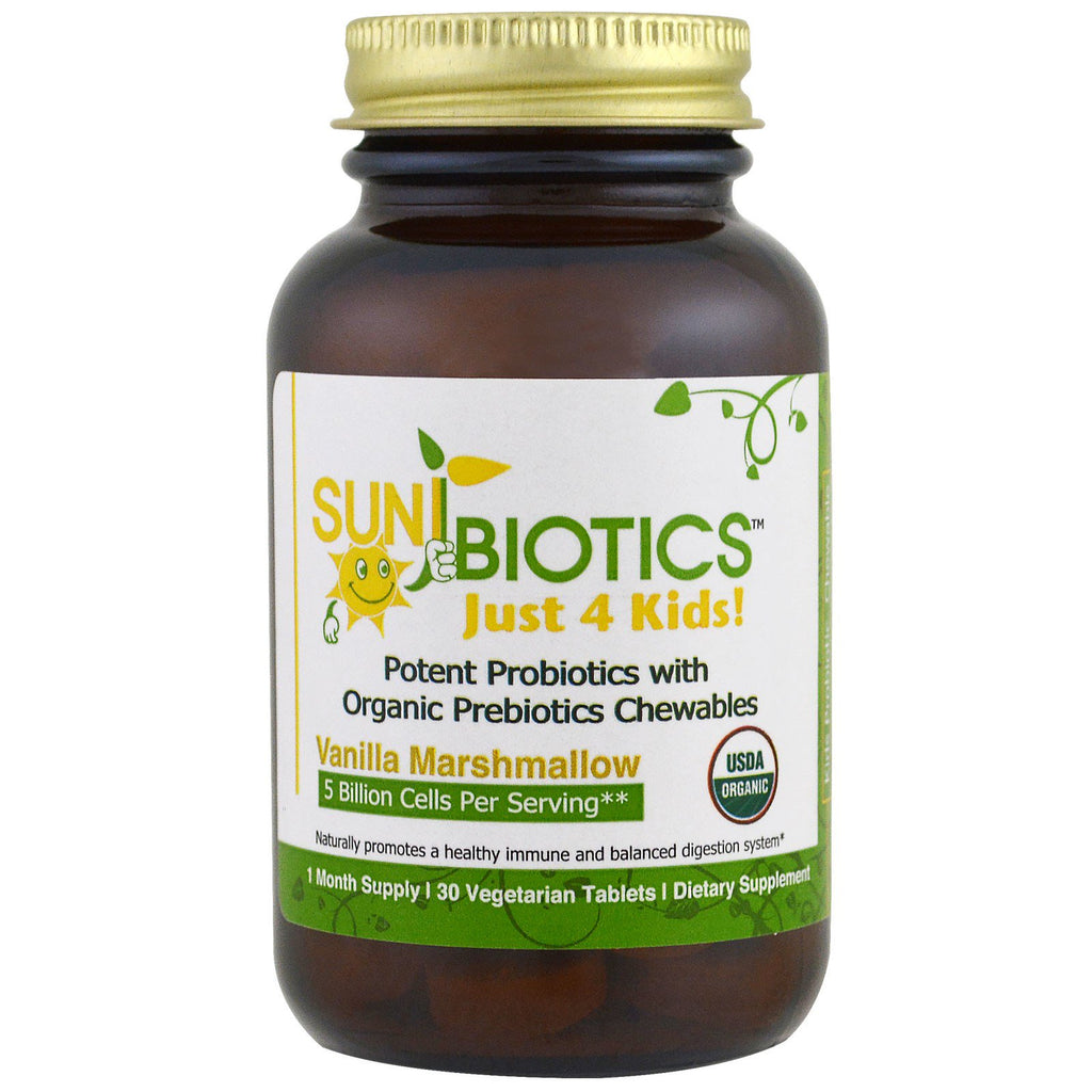 Sunbiotics, Just 4 Kids, masticables probióticos, malvavisco de vainilla, 30 tabletas vegetales