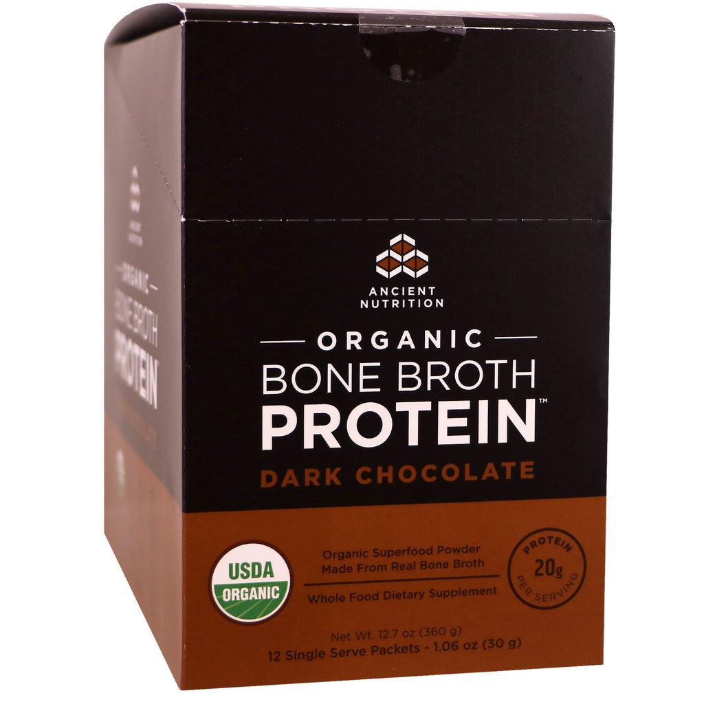 Dr. Axe / Ancient Nutrition,  Bone Broth Protein, Dark Chocolate, 12 Single Serve Packets, 1.06 oz (30 g) Each